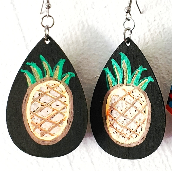 Pineapple & Abstract Hand Painted Wood Earings - Picture 2 of 5
